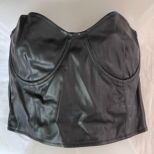 Vivid Bustier Top Black Vegan‎ Leather Underwired Smocking Goth Vampire Sz L